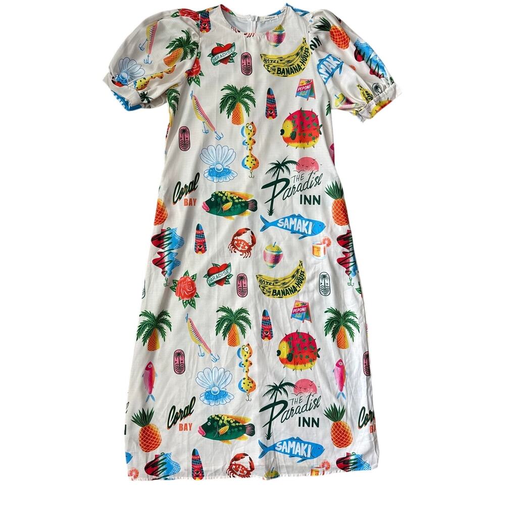 Sunday Up Paradise Printed Puff Sleeve Midi Dress Beige Multi Size Medium - Picture 9 of 11